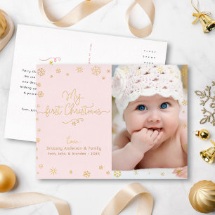 Mijn Eerste Kerstdag Baby Foto Roze Chic Echt Goud Folie Feestdagen Briefkaart