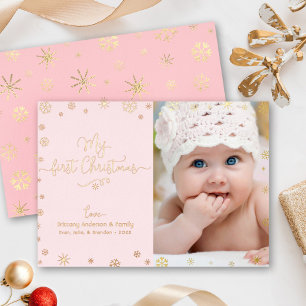 Mijn Eerste Kerstdag Baby Foto Roze Chic Echt Goud Folie Feestdagenkaart