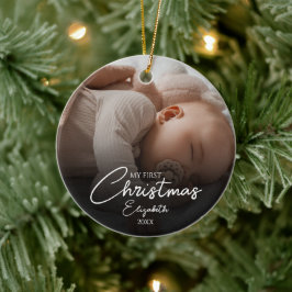 Mijn Eerste Kerstdag Babyfoto Elegant Schrift Keramisch Ornament
