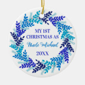 Mijn eerste kerstfeest als oom Elegant Blue Wreath Keramisch Ornament (Voorkant)