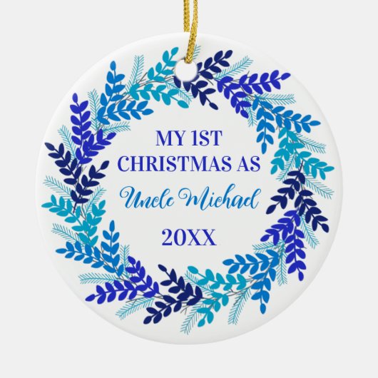 Mijn eerste kerstfeest als oom Elegant Blue Wreath Keramisch Ornament (Voorkant)