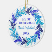 Mijn eerste kerstfeest als oom Elegant Blue Wreath Keramisch Ornament (Links)