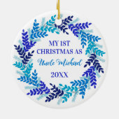 Mijn eerste kerstfeest als oom Elegant Blue Wreath Keramisch Ornament (Achterkant)