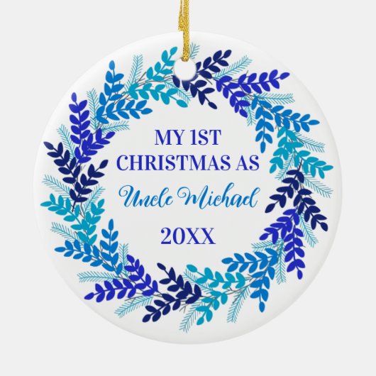 Mijn eerste kerstfeest als oom Elegant Blue Wreath Keramisch Ornament (Achterkant)