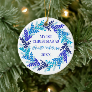 Mijn eerste kerstfeest als tante Elegant Blue Wrea Keramisch Ornament