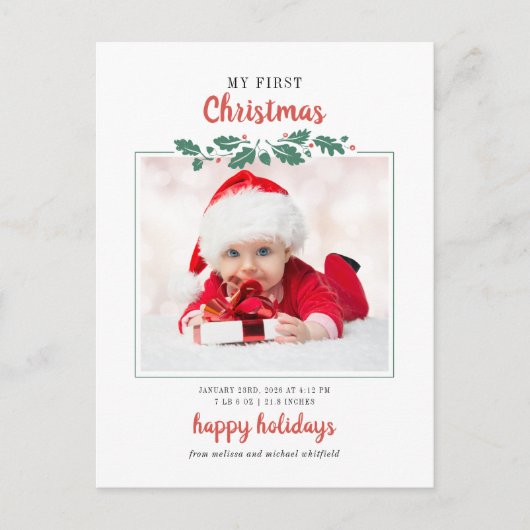 Mijn eerste kerstfeest Baby geboortefoto-groeten Uitnodiging Briefkaart (Voorkant)