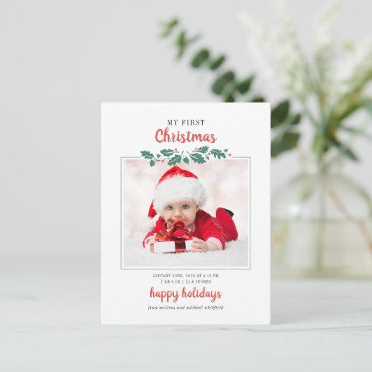Mijn eerste kerstfeest Baby geboortefoto-groeten Uitnodiging Briefkaart (Staand voorkant)