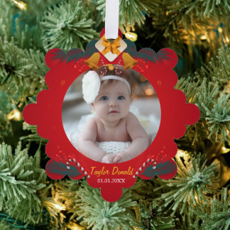 Mijn eerste kerstfeest Rood Persoonlijke babysnaam Ornament Kaart