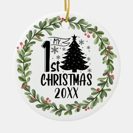 Mijn eerste kerstfeest Waterverf Wreate Keramisch Ornament (Voorkant)