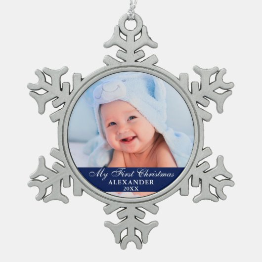 Mijn eerste kerstfoto Baby Blue Tin Sneeuwvlok Ornament (Voorkant)
