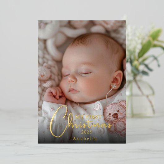 Mijn eerste kerstfoto Baby Folie Feestdagenkaart (Staand Voorkant)