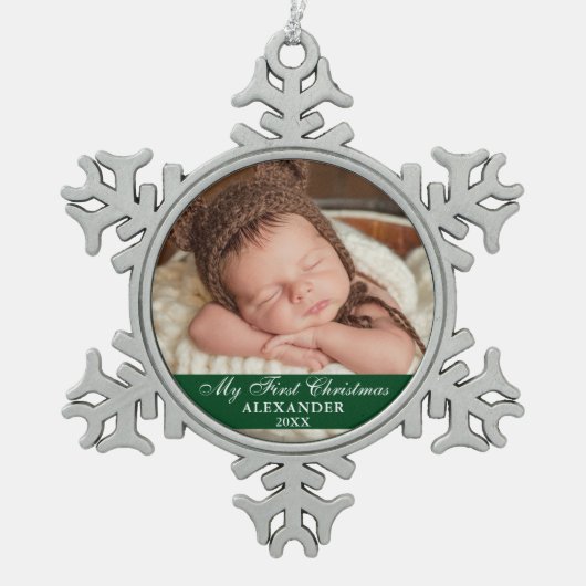 Mijn eerste kerstfoto Baby Green Tin Sneeuwvlok Ornament (Voorkant)
