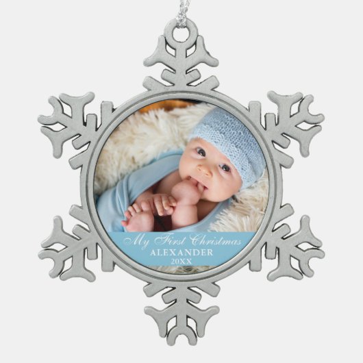 Mijn eerste kerstfoto Baby Light Blue Tin Sneeuwvlok Ornament (Voorkant)