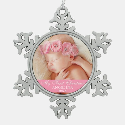 Mijn eerste kerstfoto-Baby roze Tin Sneeuwvlok Ornament (Voorkant)