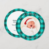 Mijn eerste kerstfoto Blauwgroen Plaid Circular Feestdagenkaart (Voorkant / Achterkant)