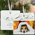 Mijn eerste kerstfoto Foto Elegant Calligrafie Keramisch Ornament<br><div class="desc">Mijn eerste kerstfoto-versiering die u kunt personaliseren met uw favoriete foto en aangepaste tekst op de achterkant. Een elegant typografisch ontwerp met mijn eerste Kerstmis in zware kalligrafie en klassieker. Alle tekst,  behalve Mijn eerste Kerstmis is bewerkbaar.</div>