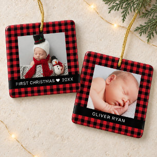 Mijn eerste kerstfoto met rode Buffalo-speldenfoto Keramisch Ornament