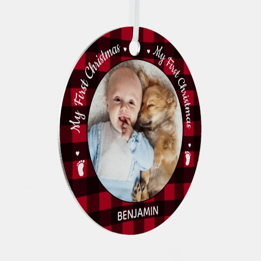 Mijn eerste kerstfoto met rode Buffalo-speldenfoto Metalen Ornament (Voorkant Rechts)