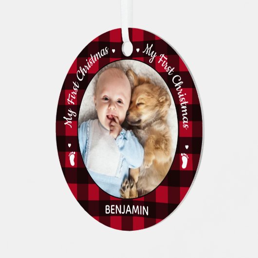 Mijn eerste kerstfoto met rode Buffalo-speldenfoto Metalen Ornament (Voorkant links)