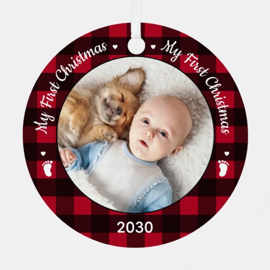 Mijn eerste kerstfoto met rode Buffalo-speldenfoto Metalen Ornament (Achterkant)