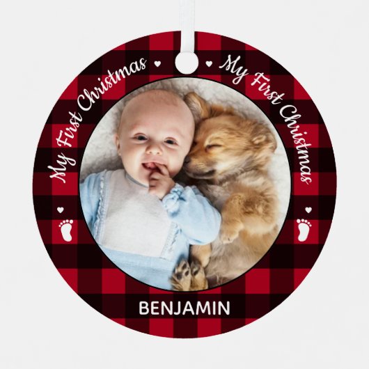 Mijn eerste kerstfoto met rode Buffalo-speldenfoto Metalen Ornament (Voorkant)