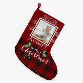 Mijn eerste kerstfoto op aangepast monogram grote kerstsok (Voorkant (Hangend))