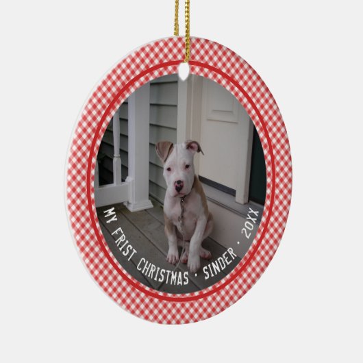Mijn eerste kerstfoto Pet Red Gingham Keepomwille Keramisch Ornament (Rechts)