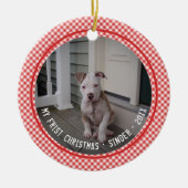 Mijn eerste kerstfoto Pet Red Gingham Keepomwille Keramisch Ornament (Voorkant)