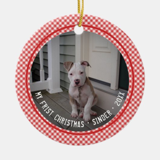 Mijn eerste kerstfoto Pet Red Gingham Keepomwille Keramisch Ornament (Voorkant)