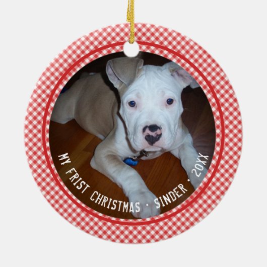 Mijn eerste kerstfoto Pet Red Gingham Keepomwille Keramisch Ornament (Achterkant)