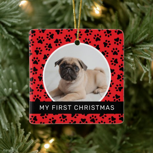 Mijn eerste kerstfoto, Red Custom Puppy Keramisch Ornament (Boom)