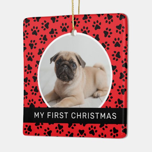 Mijn eerste kerstfoto, Red Custom Puppy Keramisch Ornament (Links)