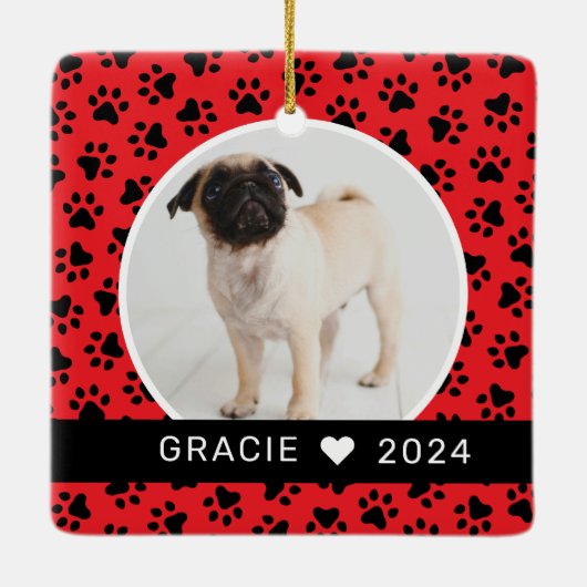 Mijn eerste kerstfoto, Red Custom Puppy Keramisch Ornament (Achterkant)
