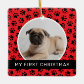 Mijn eerste kerstfoto, Red Custom Puppy Keramisch Ornament (Voorkant)