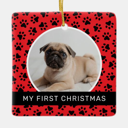 Mijn eerste kerstfoto, Red Custom Puppy Keramisch Ornament (Voorkant)