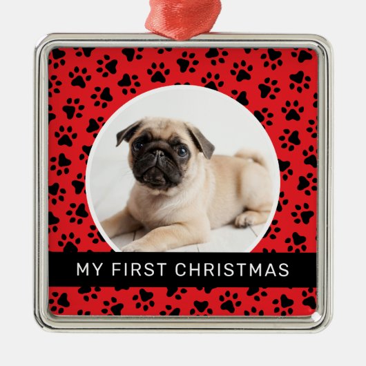 Mijn eerste kerstfoto, Red Custom Puppy Metalen Ornament (Voorkant)