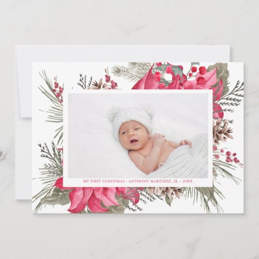 Mijn eerste kerstfoto Red Poinsettia Baby Foto Feestdagenkaart (Voorkant)