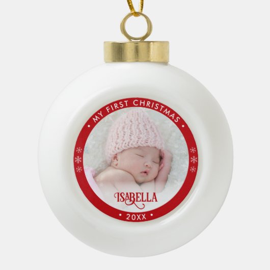 Mijn eerste kerstfoto Rode keramische bal Ornament (Voorkant)