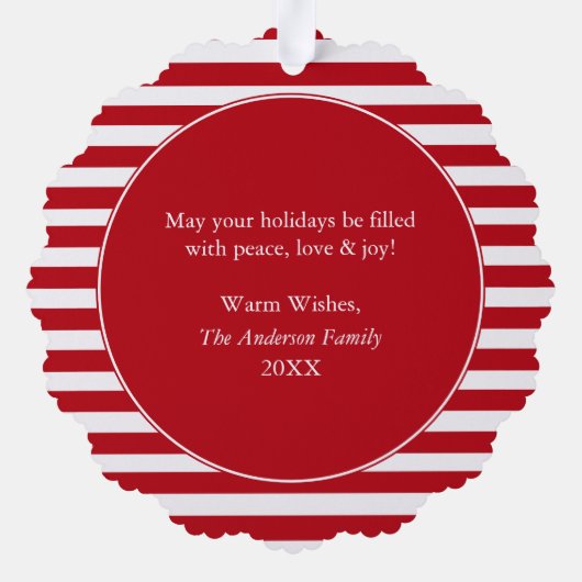 Mijn eerste kerstfoto rode strepen ornament kaart (Achterkant)