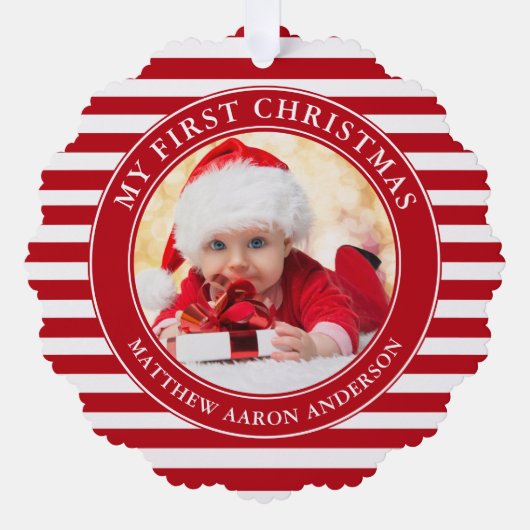 Mijn eerste kerstfoto rode strepen ornament kaart (Voorkant)