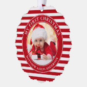 Mijn eerste kerstfoto rode strepen ornament kaart (Links)