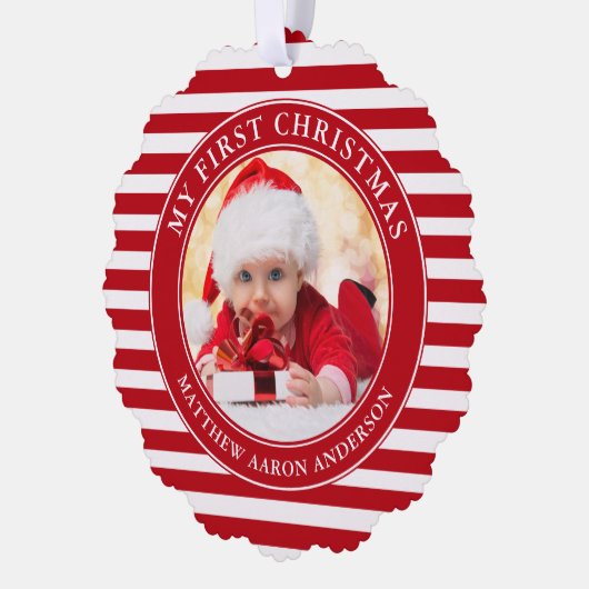 Mijn eerste kerstfoto rode strepen ornament kaart (Links)