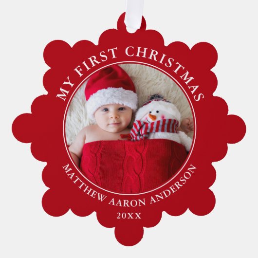 Mijn eerste kerstfoto rood ornament kaart (Voorkant)