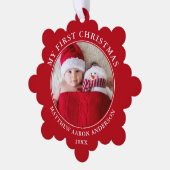 Mijn eerste kerstfoto rood ornament kaart (Links)