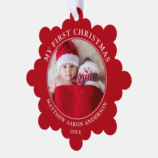 Mijn eerste kerstfoto rood ornament kaart (Links)