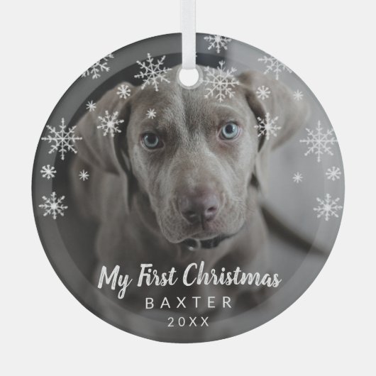 Mijn eerste kerstfoto Snowflakes Dog Glas Ornament (Voorkant)