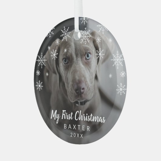 Mijn eerste kerstfoto Snowflakes Dog Glas Ornament (Voorkant links)