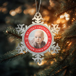 Mijn eerste kerstfoto tin sneeuwvlok ornament<br><div class="desc">Pas deze foto en tekst aan met je eigen boodschap voor de gelegenheid. Een geweldige aandenken voor de eerste kerstdagen van de baby; Klik op "Aanpassen" om ook de lettertypen,  kleuren en maten van de rand te wijzigen. De tekst blijft in een cirkelboog.</div>