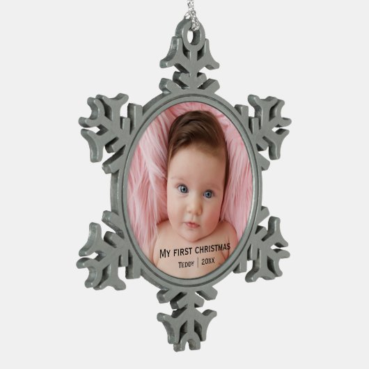 Mijn eerste kerstfoto tin sneeuwvlok ornament (Links)