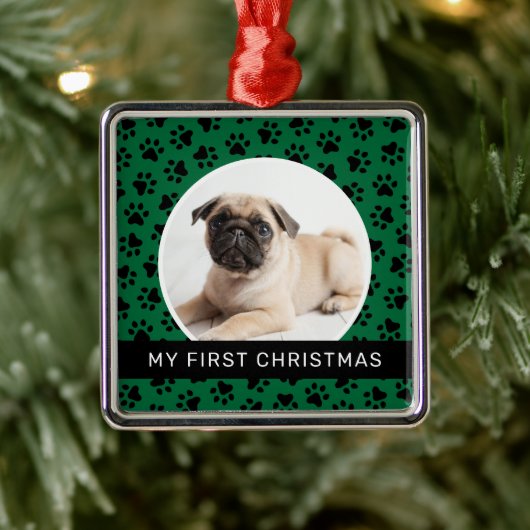 Mijn eerste kerstgroene aangepaste foto van Puppy Metalen Ornament (Boom)
